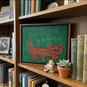 Hand Painted Folk Art Cat Painting 8x10 Original Brown Cat Acrylic Canvas